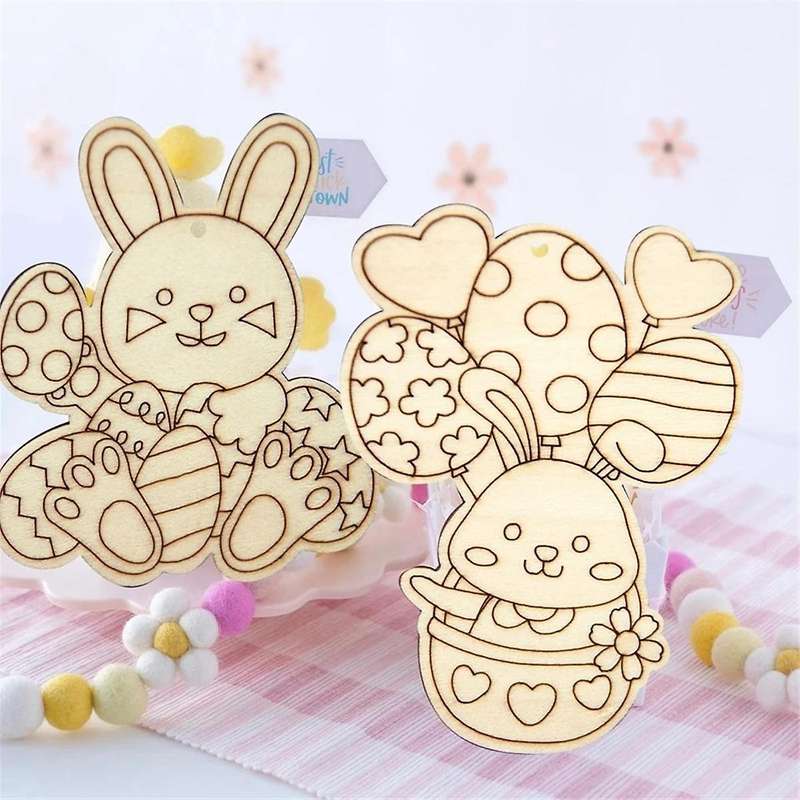 60PCS Wooden Rabbit Pendants Easter Egg Hanging Ornament for Happy Easter Home Party Decoration Kids