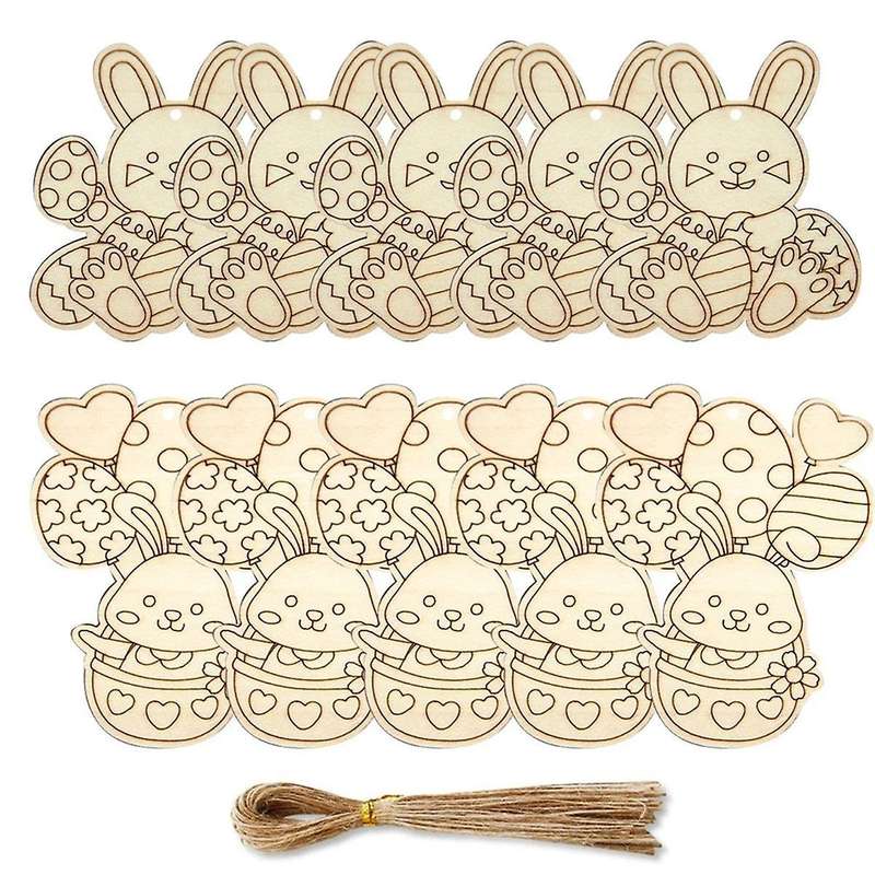 60PCS Wooden Rabbit Pendants Easter Egg Hanging Ornament for Happy Easter Home Party Decoration Kids