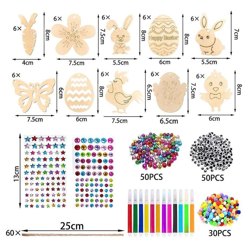 60pieces Easter Kids Crafts Wooden Ornaments Unfinished Crafts Hanging Embellishments Crafts for Kid