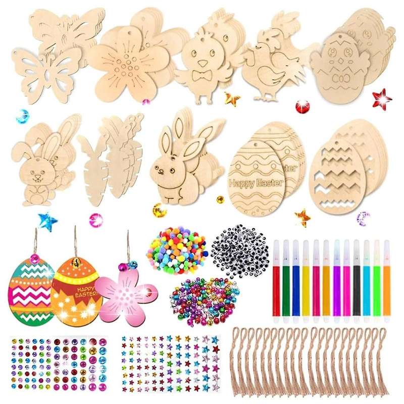 60pieces Easter Kids Crafts Wooden Ornaments Unfinished Crafts Hanging Embellishments Crafts for Kid