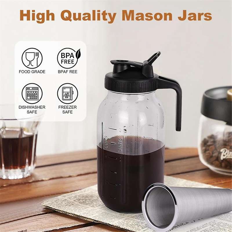 64 Oz Wide Mouth Mason Jar Pitcher Stainless Steel Filter Heavy Duty Glass Airtight & Leak-proof Pi