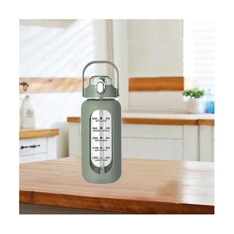 64oz Glass Water Bottles with Straw, Glass Bottle with Silicone Sleeve and Time Marker, Leakproof G
