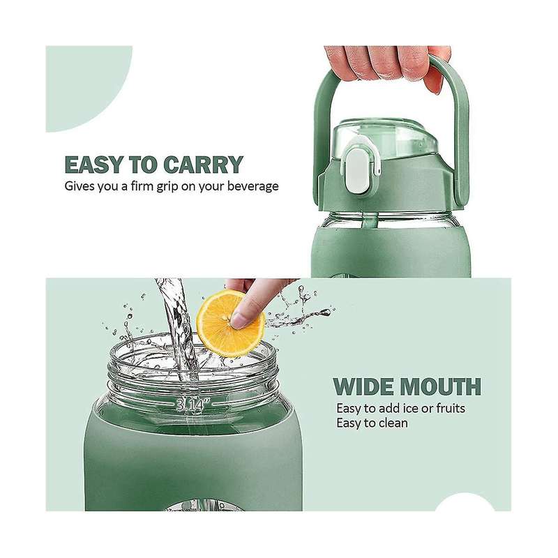 64oz Glass Water Bottles with Straw, Glass Bottle with Silicone Sleeve and Time Marker, Leakproof G