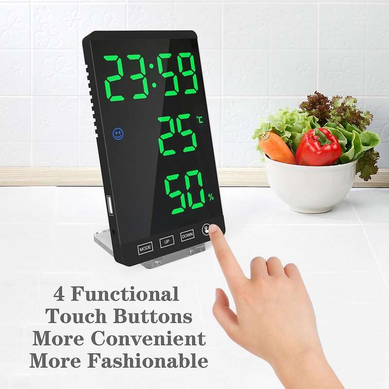 6Inch Mirror LED Alarm Clock Touch Button Digital Clock LED Time Temperature Humidity Display USB Ou