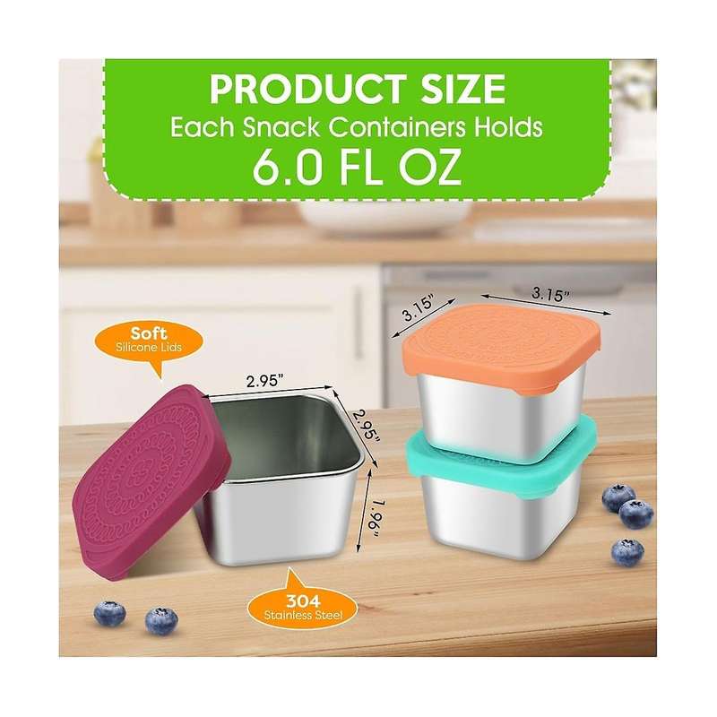 6oz Stainless Steel Snack Containers, Small Metal Food Storage Container with Silicone Lids, for Off