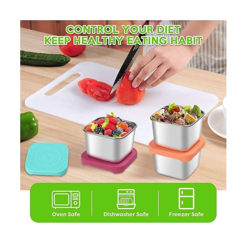 6oz Stainless Steel Snack Containers, Small Metal Food Storage Container with Silicone Lids, for Off