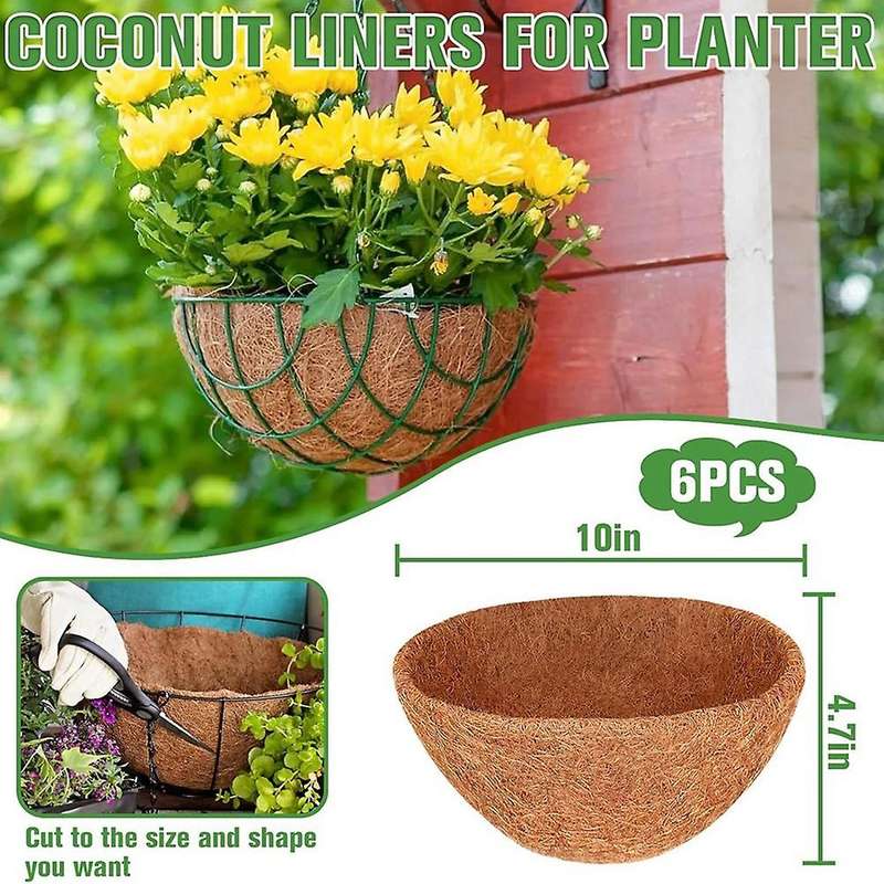 6PCS 10 Inch Natural Coconut Liner Round Coconut Hanging Basket Replacement Liners for Hanging Baske