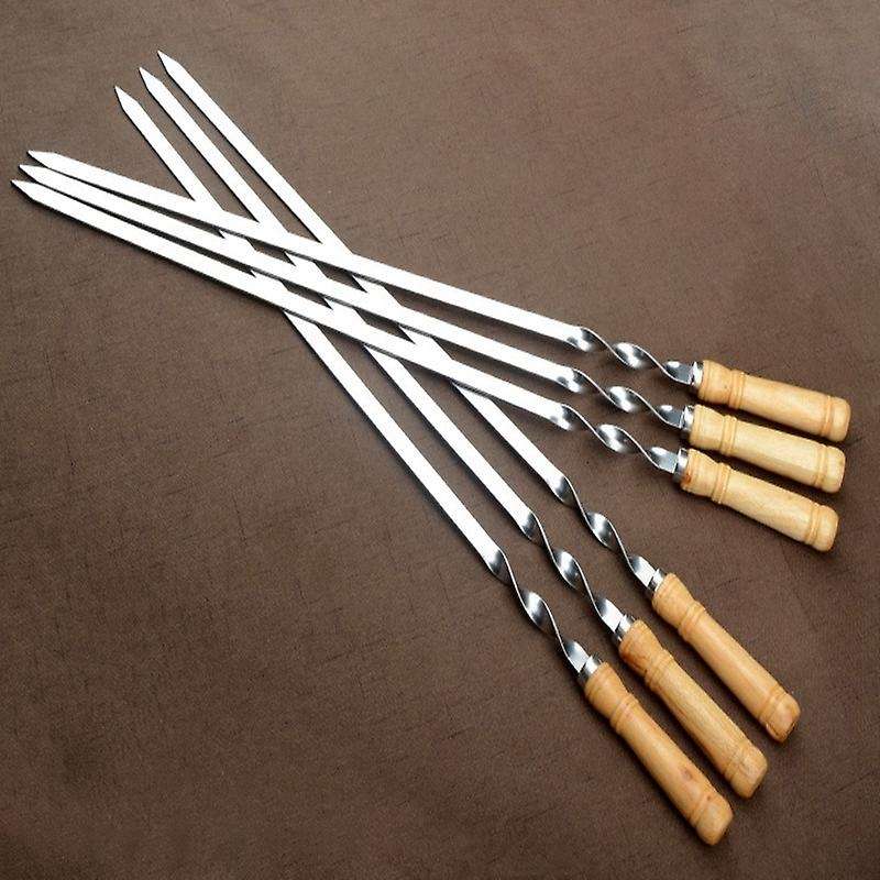 6pcs 55cm Bbq Skewers Long Handle Shish Kebab Barbecue Grill Stick Wood Bbq Fork Stainless Steel Ou