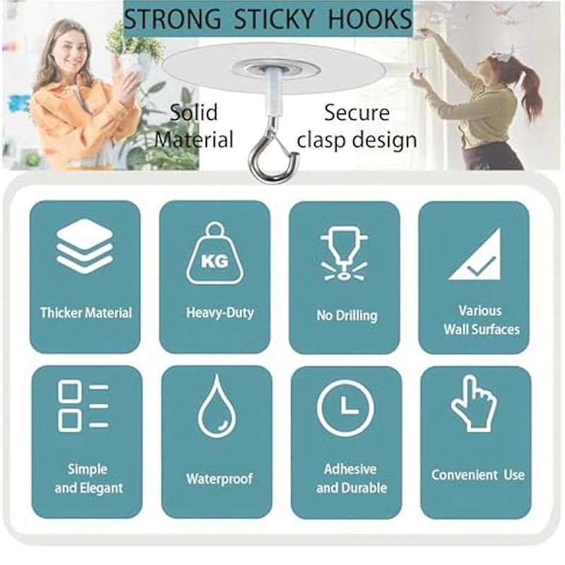 6Pcs Adhesive Ceiling Hooks for Popcorn Concrete Textured Ceiling Wall Surface, No Drilling Self Adh