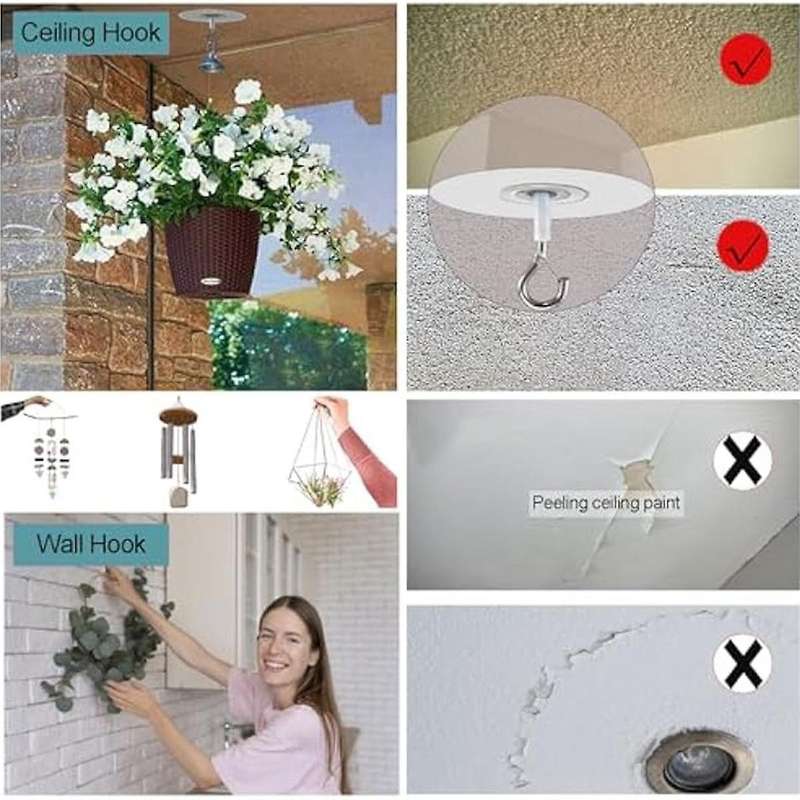 6Pcs Adhesive Ceiling Hooks for Popcorn Concrete Textured Ceiling Wall Surface, No Drilling Self Adh