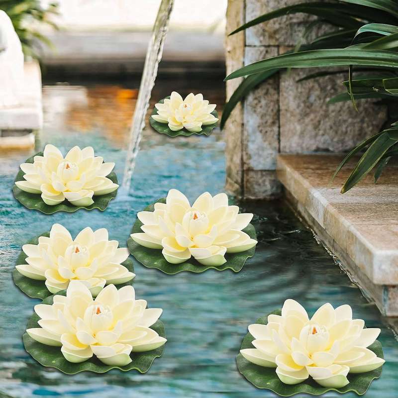6Pcs Artificial Floating Foam Lotus Flowers,With Water Pad Ornaments, White,Perfect for Patio Pond