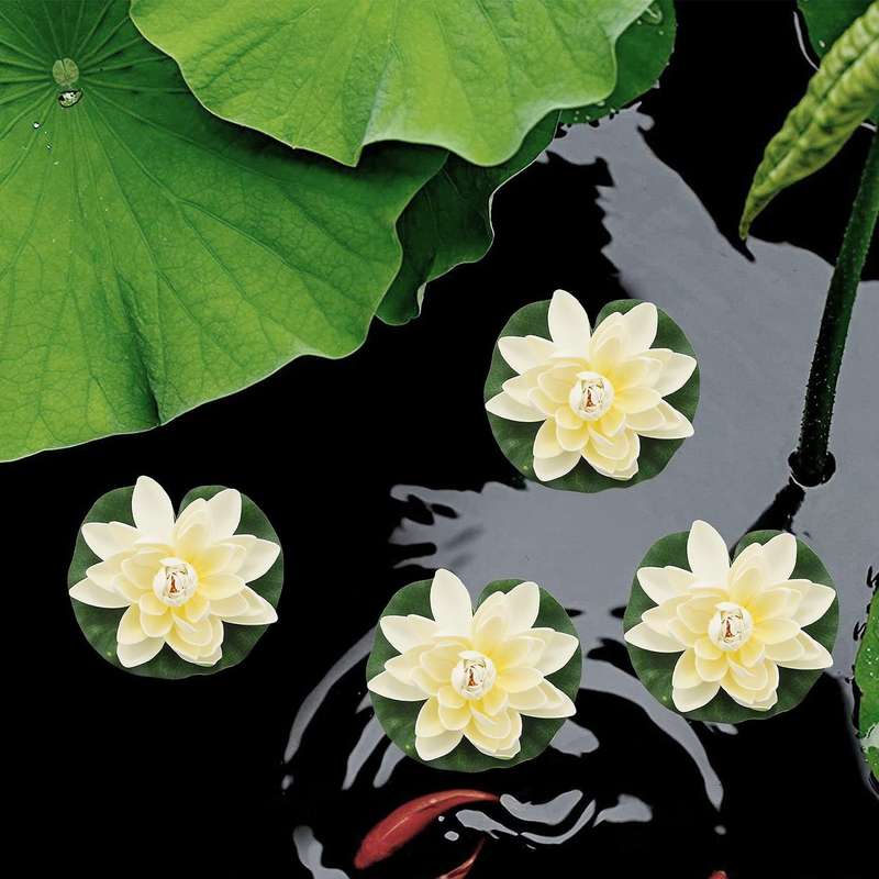 6Pcs Artificial Floating Foam Lotus Flowers,With Water Pad Ornaments, White,Perfect for Patio Pond