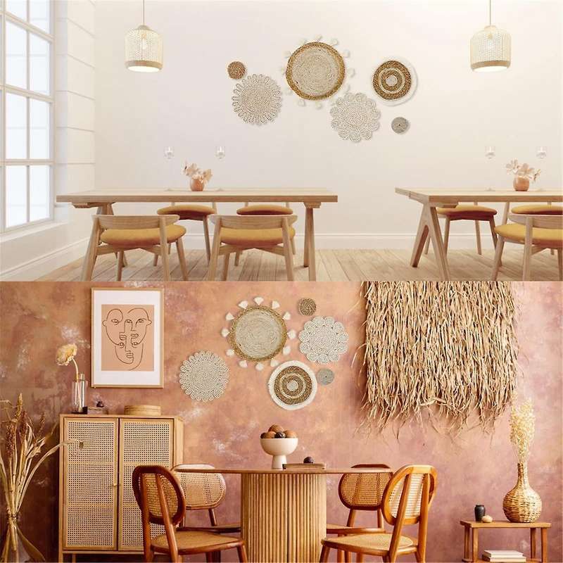 6pcs Boho Wall Basket Decor Set Woven Rattan Flat Baskets Wall Hanging Decor Handmade Tassels Flower