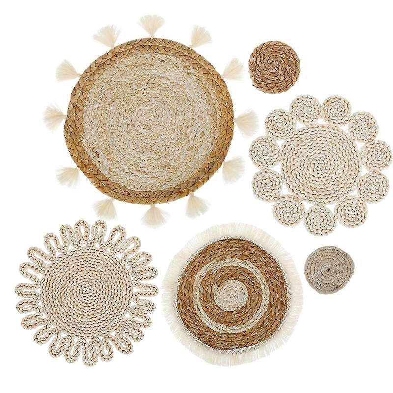 6pcs Boho Wall Basket Decor Set Woven Rattan Flat Baskets Wall Hanging Decor Handmade Tassels Flower