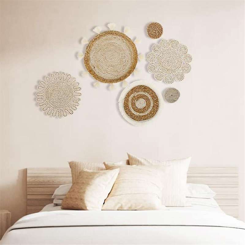 6pcs Boho Wall Basket Decor Set Woven Rattan Flat Baskets Wall Hanging Decor Handmade Tassels Flower