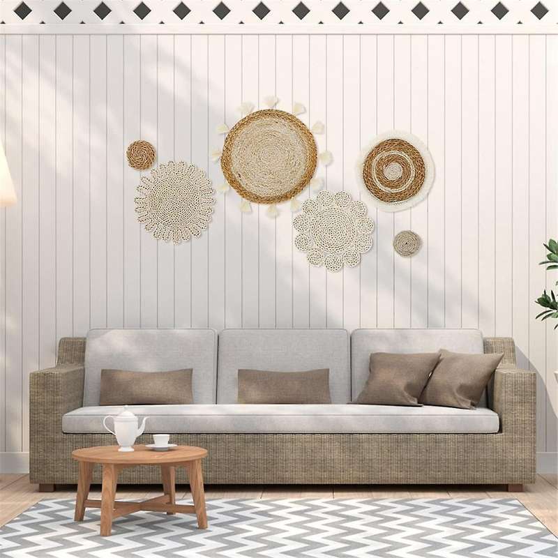 6pcs Boho Wall Basket Decor Set Woven Rattan Flat Baskets Wall Hanging Decor Handmade Tassels Flower