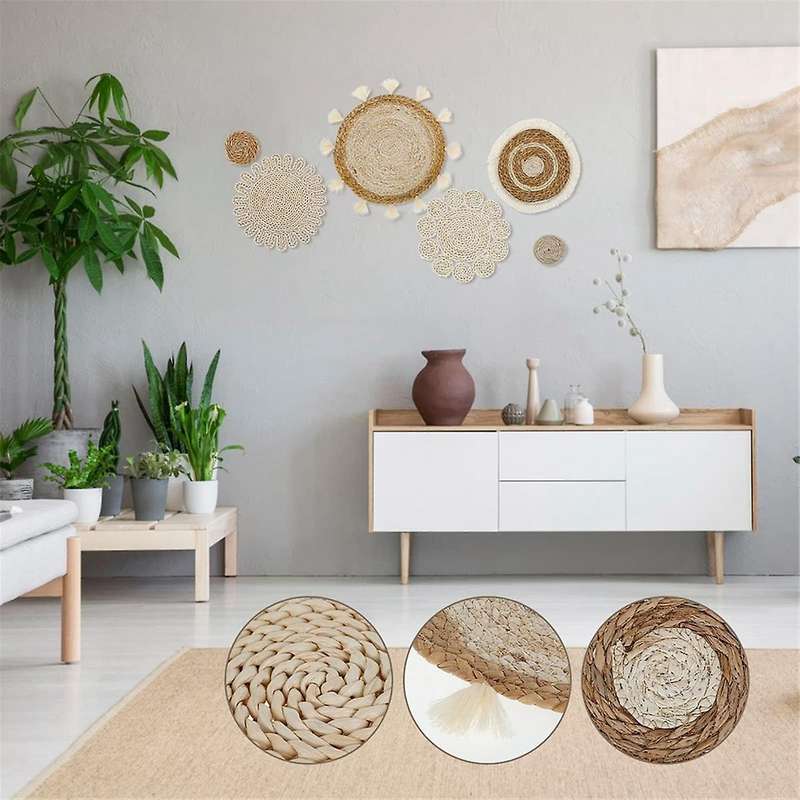 6pcs Boho Wall Basket Decor Set Woven Rattan Flat Baskets Wall Hanging Decor Handmade Tassels Flower