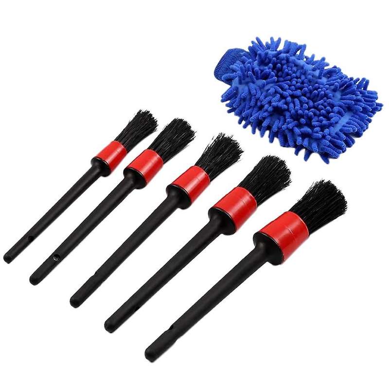 6Pcs Car Detailing Detail Brush Kit Car Wash Mitt Boar Hair Brushes for Car Motorcycle Cleaning Whee