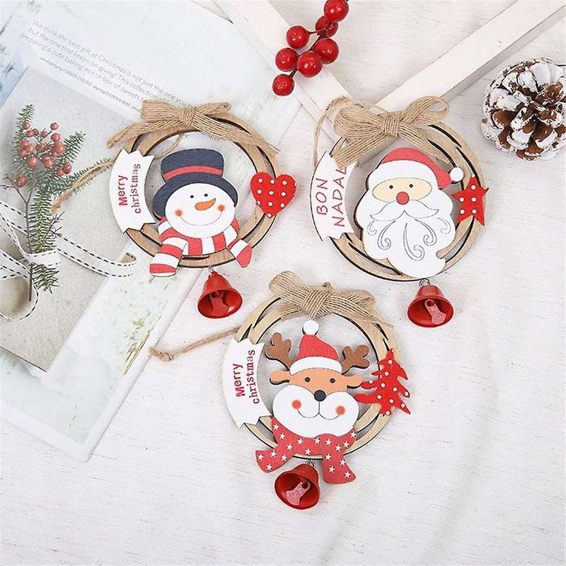 6Pcs Christmas Bells Hanging Wooden Christmas Tree Decorations Pendant Garland Bow Bells Wood Ring H