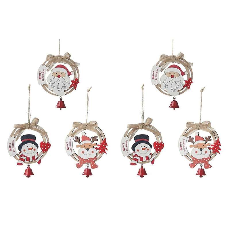 6pcs Christmas Bells Hanging Wooden Christmas Tree Decorations Pendant Garland Bow Bells Wood Ring
