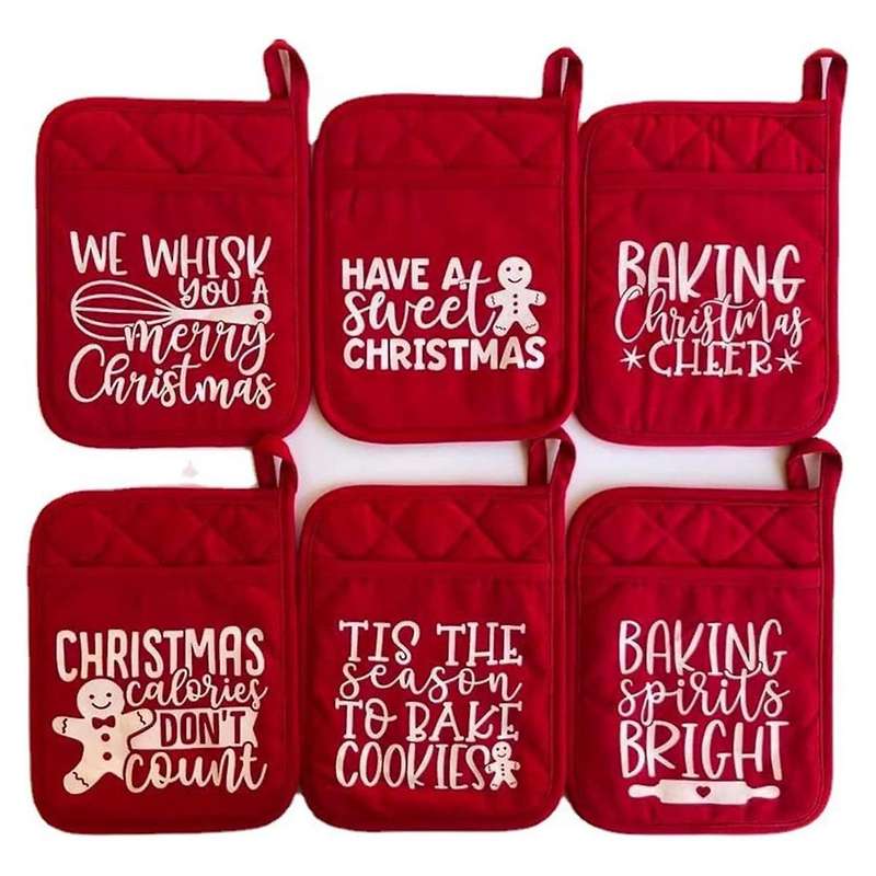 6Pcs Christmas Pot Rack Baking Kit, Christmas Oven Ornament Printed Oven Gloves, Kitchen Cooking Bak