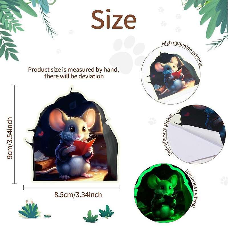 6PCS Cute Luminous Wall Decals Adorable Mouse Reading Book Kids Room Wall Decor Sticker Decal, Home