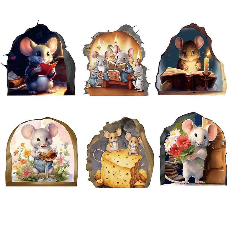 6PCS Cute Luminous Wall Decals Adorable Mouse Reading Book Kids Room Wall Decor Sticker Decal, Home