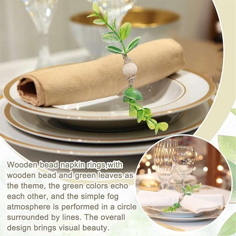 6Pcs Eucalyptus Napkin Rings, Wood Bead Napkin Rings Farmhouse Leaf Spring Napkin Rings for Dining T