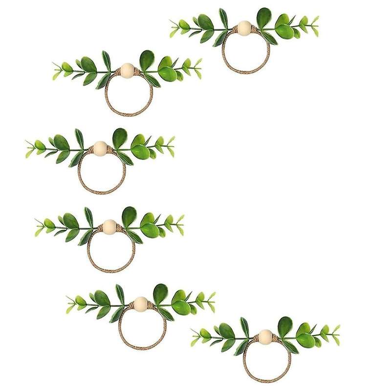 6pcs Eucalyptus Napkin Rings, Wood Bead Napkin Rings Farmhouse Leaf Spring Napkin Rings for Dining