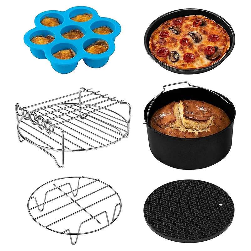 6pcs Fryer Accessories for Fryer, Multi-layer Dehydrator Rack with 4 Barbecue Sticks, Cake Pan,(8 In
