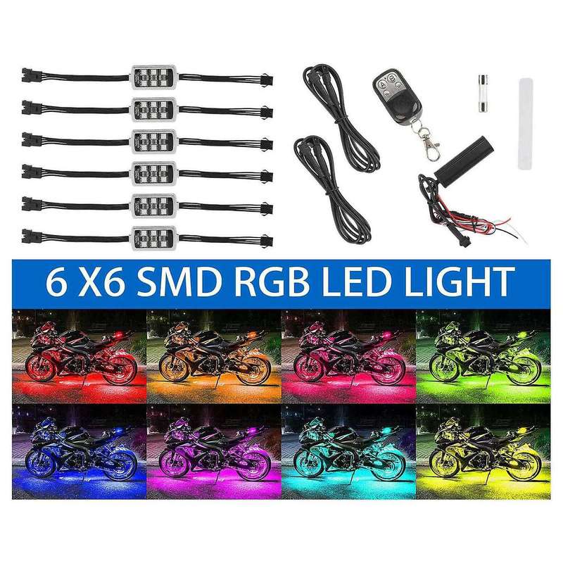 6Pcs Motorcycle ATV RGB LED Neon Under Glow Light Strip Kit Atmosphere Lights