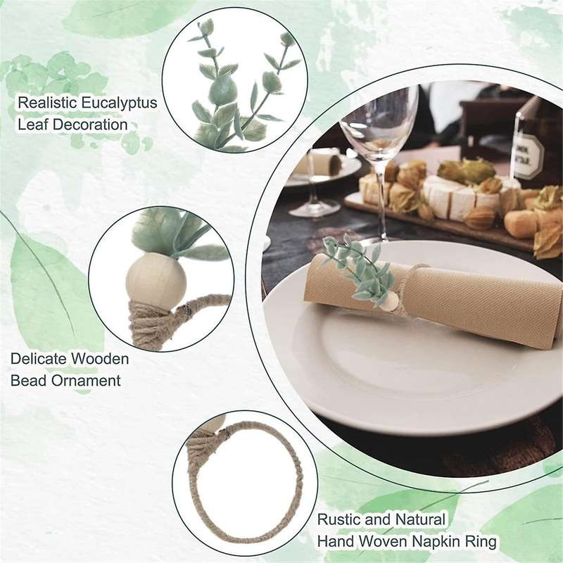 6PCS Napkin Rings Wooden Boho Napkin Rings Eucalyptus Napkins for Party, Christmas or Table Decor