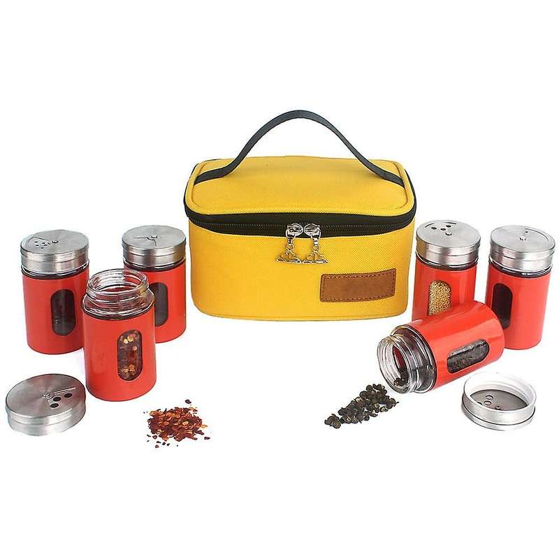 6Pcs Outdoor Seasoning Bottle Set Stainless Steel Glass Bottle Camping Barbecue Picnic Seasoning Tan