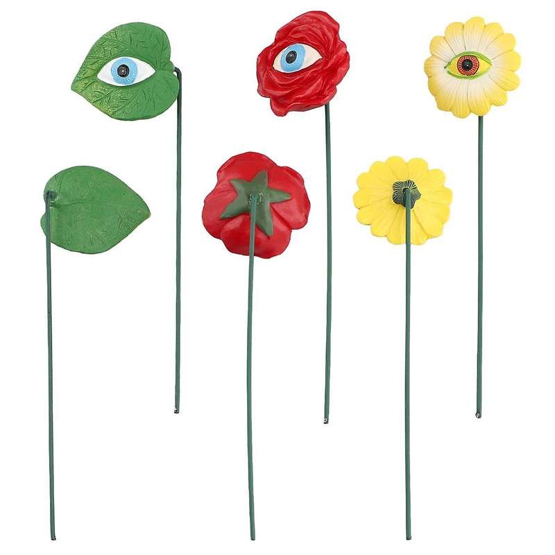 6PCS Resin Plant Eyes Stakes Novelty Rose Sunflower Green Leave Plant Garden Stakes Funny Floral Pla