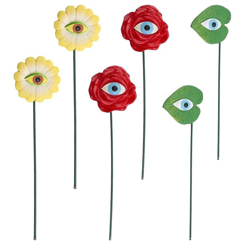 6PCS Resin Plant Eyes Stakes Novelty Rose Sunflower Green Leave Plant Garden Stakes Funny Floral Pla