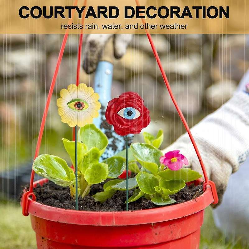 6PCS Resin Plant Eyes Stakes Novelty Rose Sunflower Green Leave Plant Garden Stakes Funny Floral Pla