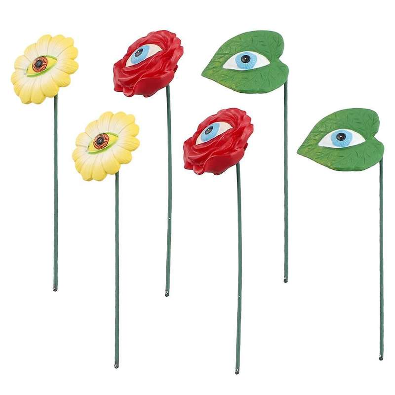 6PCS Resin Plant Eyes Stakes Novelty Rose Sunflower Green Leave Plant Garden Stakes Funny Floral Pla
