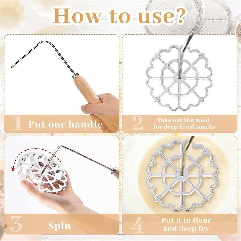 6pcs Rosette Iron Set Bunuelos Mold with Handle Cooking Stamp Maker Kit Cookie Cutters Aluminum Allo