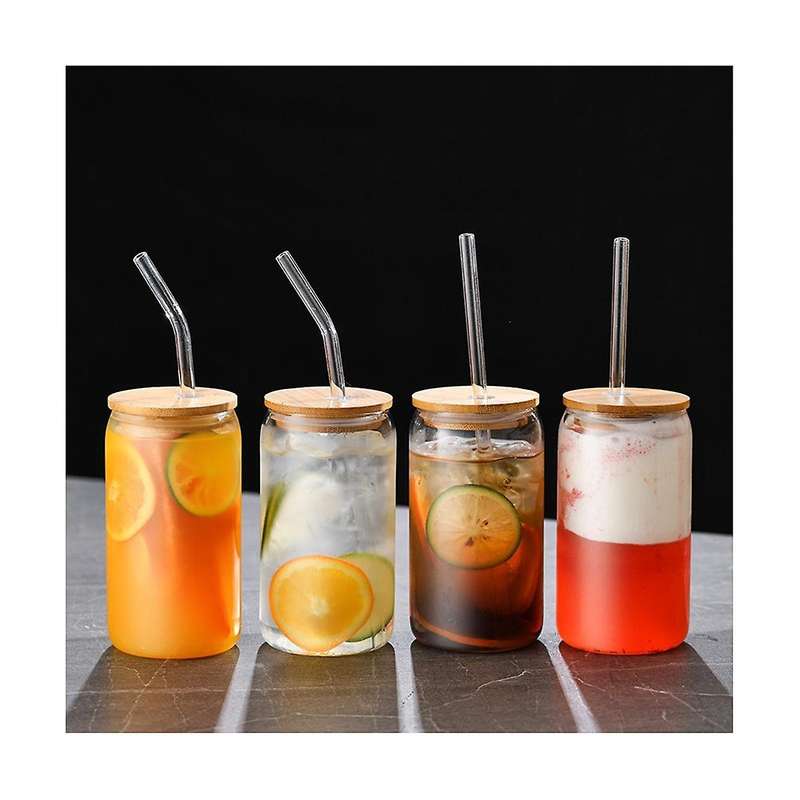 6pcs Set Drinking Glasses with 6 Bamboo Lids and 6 Glass Straws, 16oz Can Shaped Glass Cup, Clear I