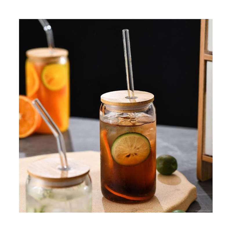 6pcs Set Drinking Glasses with 6 Bamboo Lids and 6 Glass Straws, 16oz Can Shaped Glass Cup, Clear I