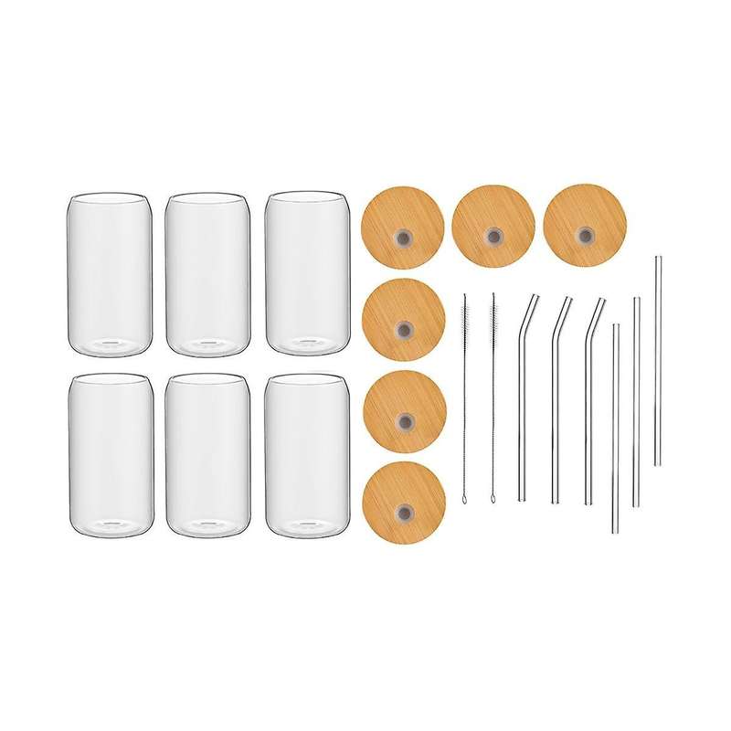 6pcs Set Drinking Glasses with 6 Bamboo Lids and 6 Glass Straws, 16oz Can Shaped Glass Cup, Clear I