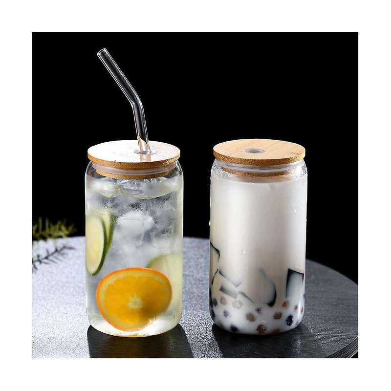 6pcs Set Drinking Glasses with 6 Bamboo Lids and 6 Glass Straws, 16oz Can Shaped Glass Cup, Clear I
