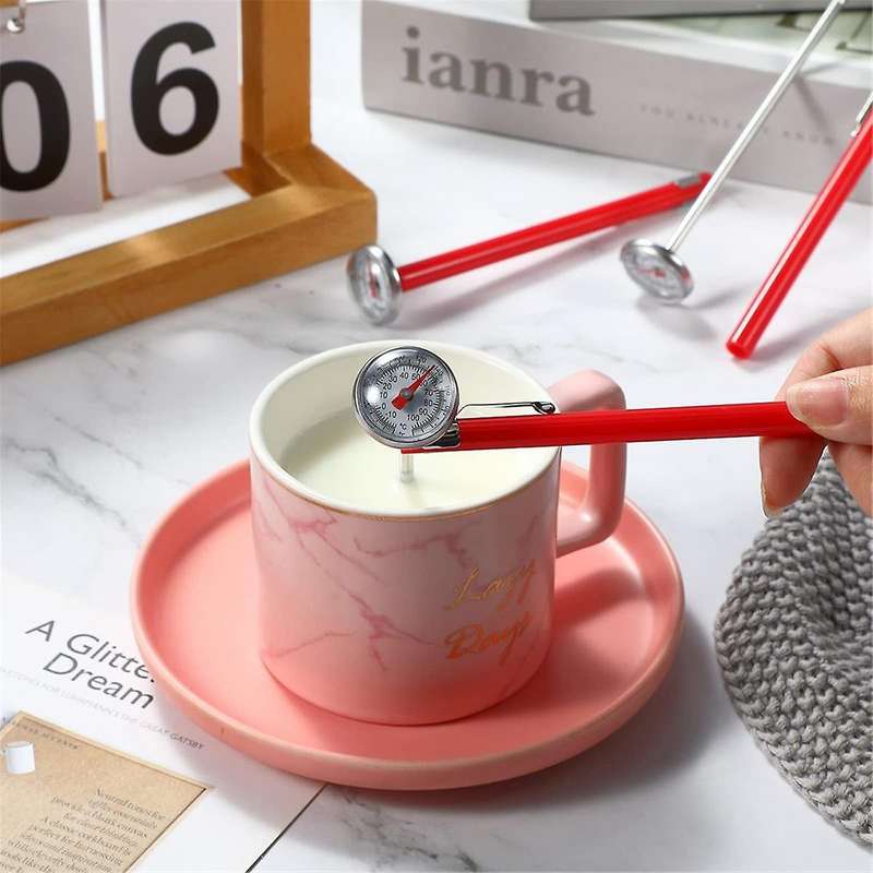 6pcs Stainless Steel Kitchen Thermometer with Red 5 Inch Long Stem 1inch Dial Thermometer Milk Froth