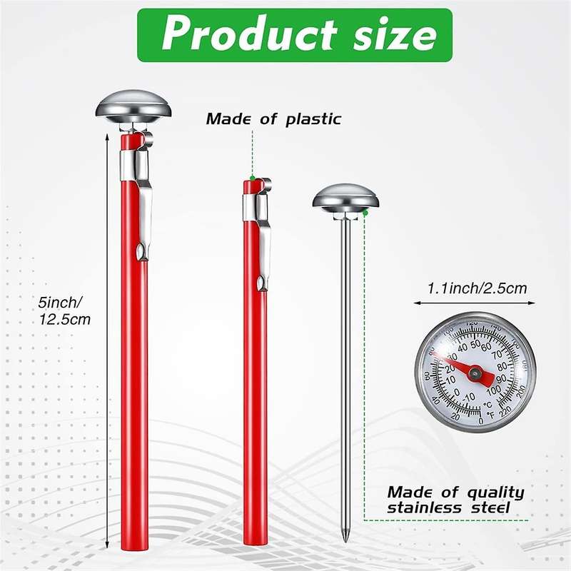 6pcs Stainless Steel Kitchen Thermometer with Red 5 Inch Long Stem 1inch Dial Thermometer Milk Froth