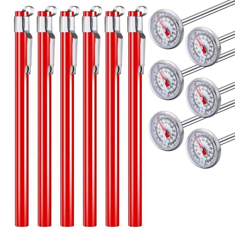 6pcs Stainless Steel Kitchen Thermometer with Red 5 Inch Long Stem 1inch Dial Thermometer Milk Froth