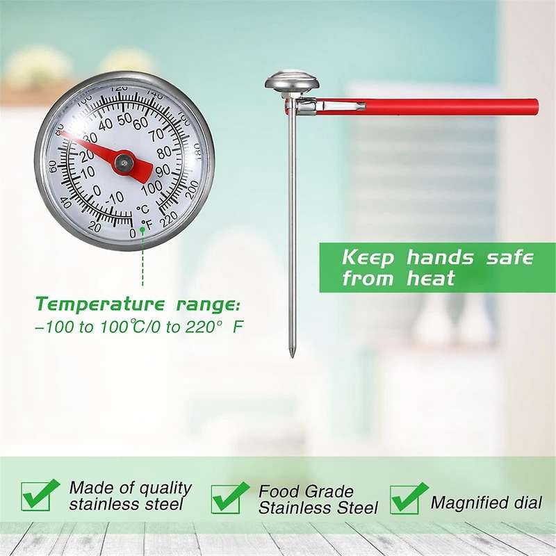 6pcs Stainless Steel Kitchen Thermometer with Red 5 Inch Long Stem 1inch Dial Thermometer Milk Froth