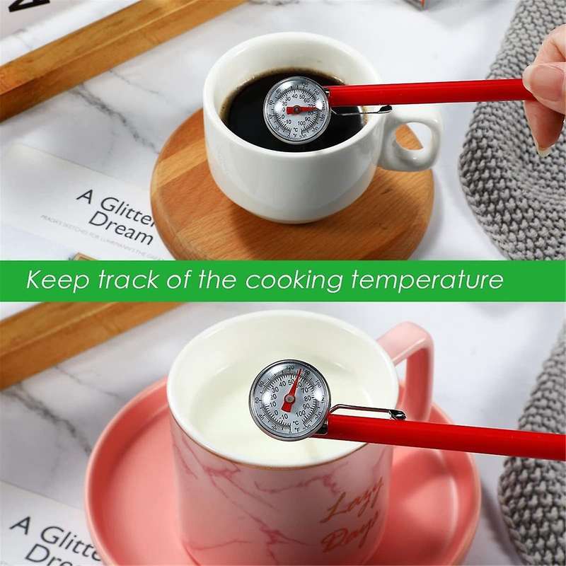 6pcs Stainless Steel Kitchen Thermometer with Red 5 Inch Long Stem 1inch Dial Thermometer Milk Froth