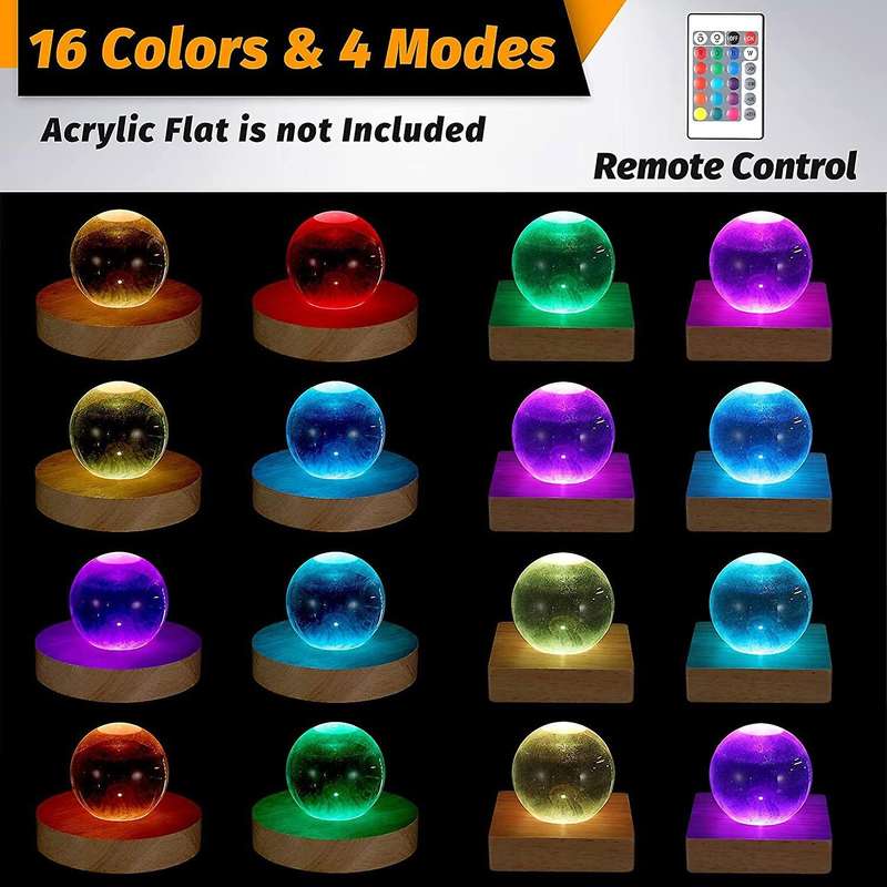 6Pcs Wooden LED Night Light Base Lighted Display Lamp Base Stand with Remote Control for 3D Crystal