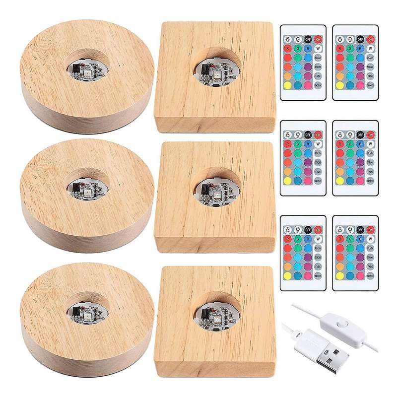 6Pcs Wooden LED Night Light Base Lighted Display Lamp Base Stand with Remote Control for 3D Crystal
