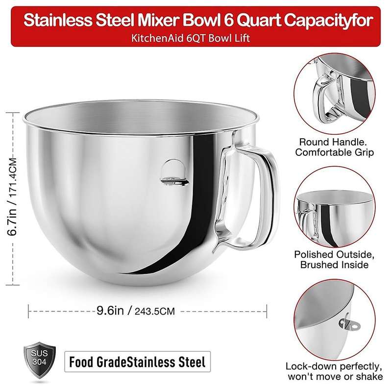 6QT Stainless Steel Mixer Bowl for Stand Mixers, Kitchen Aid Mixing Bowl for 6QT Tilt-Head Mixer wit